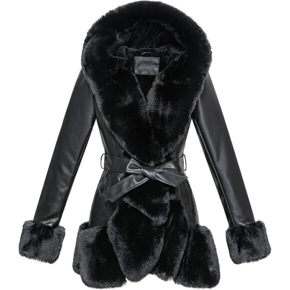 Winter-Ready Women's Faux Leather Coat Faux Fur Collar and Belt - Size L
